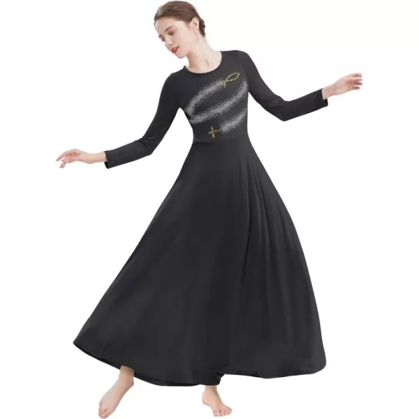 Womens Metallic Jesus Fish Cross Praise Dance Dress Hot Drilling Liturgical Lyrical Dancewear Long Sleeve Worship DressBlack