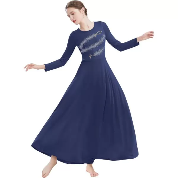 Womens Metallic Jesus Fish Cross Praise Dance Dress Hot Drilling Liturgical Lyrical Dancewear Long Sleeve Worship DressNavy Blue