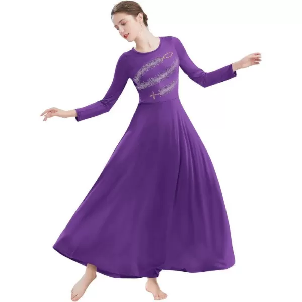 Womens Metallic Jesus Fish Cross Praise Dance Dress Hot Drilling Liturgical Lyrical Dancewear Long Sleeve Worship DressPurple