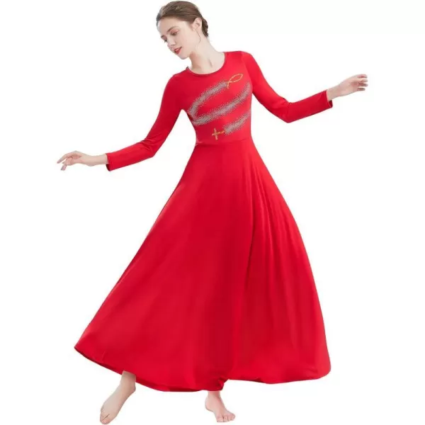 Womens Metallic Jesus Fish Cross Praise Dance Dress Hot Drilling Liturgical Lyrical Dancewear Long Sleeve Worship DressRed