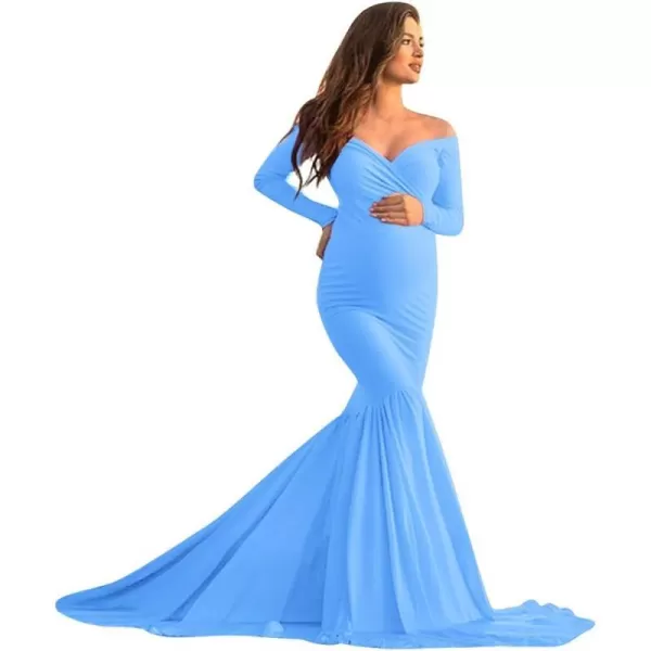 Womens Off Shoulder Long Sleeve Maternity Gown Mermaid Maxi Photography Dress for Baby Shower Photo Props DressBlue