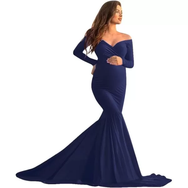 Womens Off Shoulder Long Sleeve Maternity Gown Mermaid Maxi Photography Dress for Baby Shower Photo Props DressNavy Blue