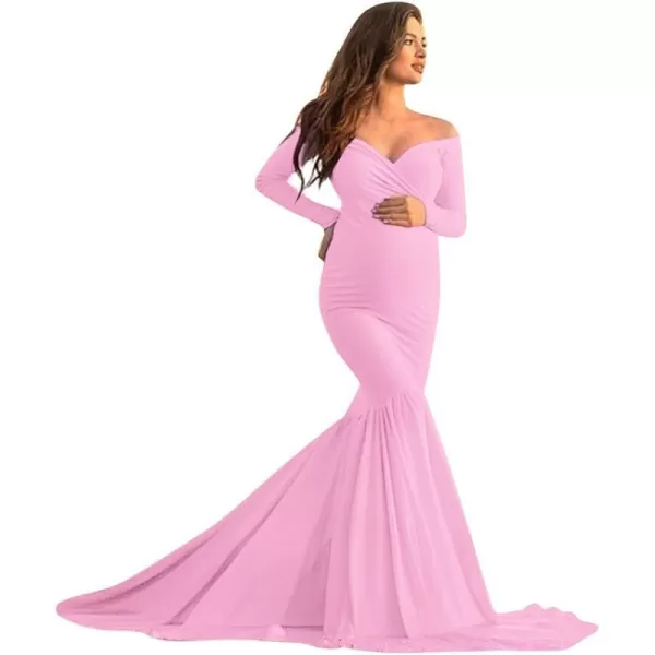 Womens Off Shoulder Long Sleeve Maternity Gown Mermaid Maxi Photography Dress for Baby Shower Photo Props DressPink