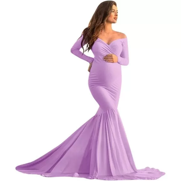 Womens Off Shoulder Long Sleeve Maternity Gown Mermaid Maxi Photography Dress for Baby Shower Photo Props DressPurple