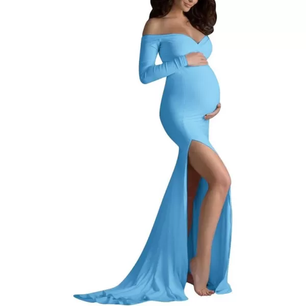 Womens Off Shoulder Maternity Dress CrossFront V Neck Sleeveless Casual Photography Maxi Split Gown for PhotoshootLight Blue Long Sleeve