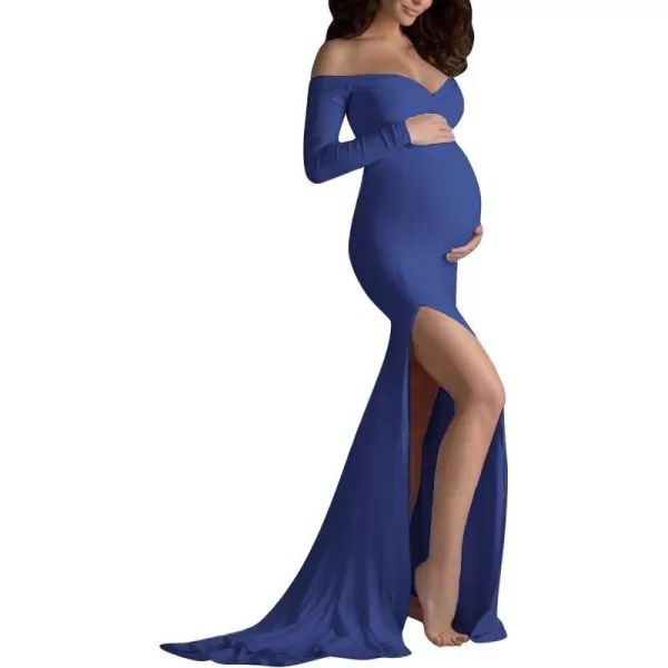 Womens Off Shoulder Maternity Dress CrossFront V Neck Sleeveless Casual Photography Maxi Split Gown for PhotoshootNavy Blue Long Sleeve