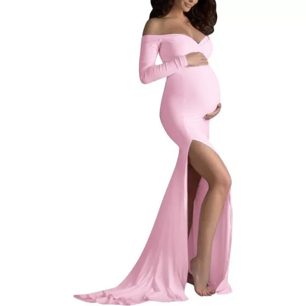 Womens Off Shoulder Maternity Dress CrossFront V Neck Sleeveless Casual Photography Maxi Split Gown for PhotoshootPink Long Sleeve