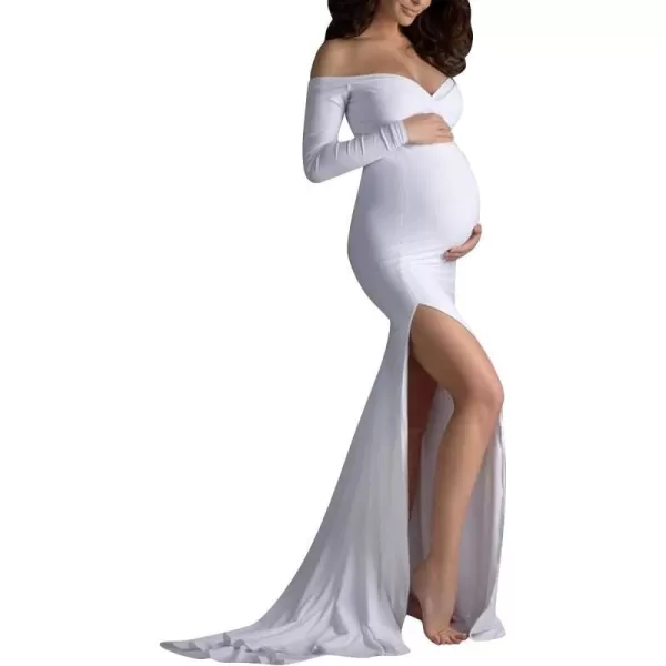 Womens Off Shoulder Maternity Dress CrossFront V Neck Sleeveless Casual Photography Maxi Split Gown for PhotoshootWhite Long Sleeve