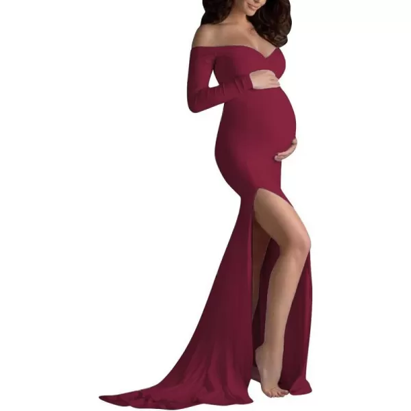 Womens Off Shoulder Maternity Dress CrossFront V Neck Sleeveless Casual Photography Maxi Split Gown for PhotoshootWine Red Long Sleeve