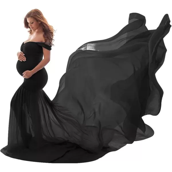 Womens Off Shoulder Maternity Dress Mermaid Chiffon Gown Maxi Photography Dress for Photoshoot Baby Shower WeddingBlack