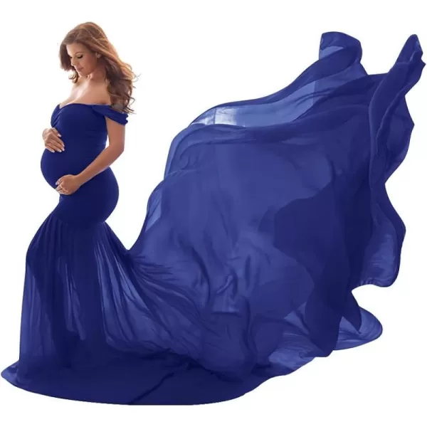 Womens Off Shoulder Maternity Dress Mermaid Chiffon Gown Maxi Photography Dress for Photoshoot Baby Shower WeddingDark Blue