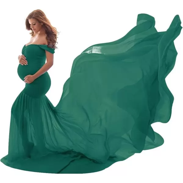 Womens Off Shoulder Maternity Dress Mermaid Chiffon Gown Maxi Photography Dress for Photoshoot Baby Shower WeddingDark Green