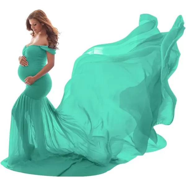 Womens Off Shoulder Maternity Dress Mermaid Chiffon Gown Maxi Photography Dress for Photoshoot Baby Shower WeddingGreen