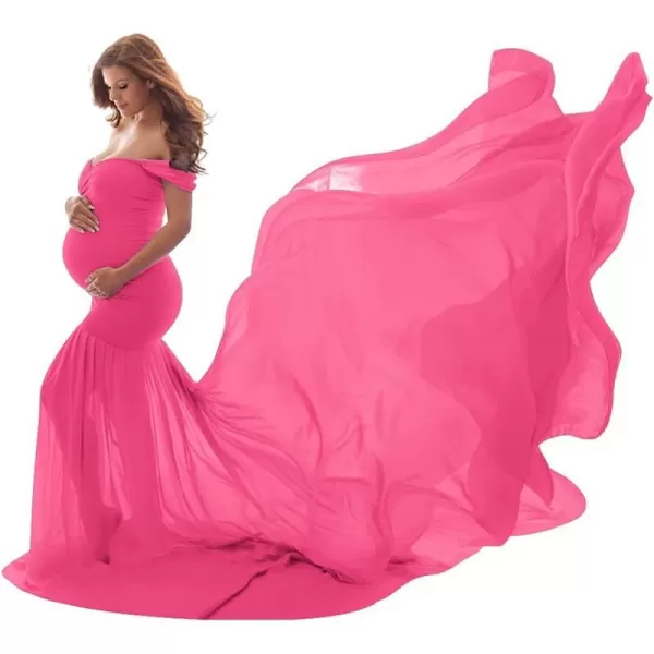 Womens Off Shoulder Maternity Dress Mermaid Chiffon Gown Maxi Photography Dress for Photoshoot Baby Shower WeddingHot Pink