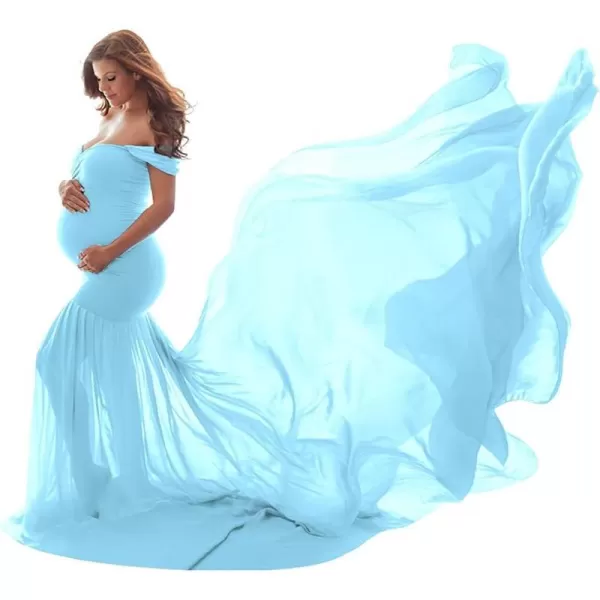 Womens Off Shoulder Maternity Dress Mermaid Chiffon Gown Maxi Photography Dress for Photoshoot Baby Shower WeddingLake Blue