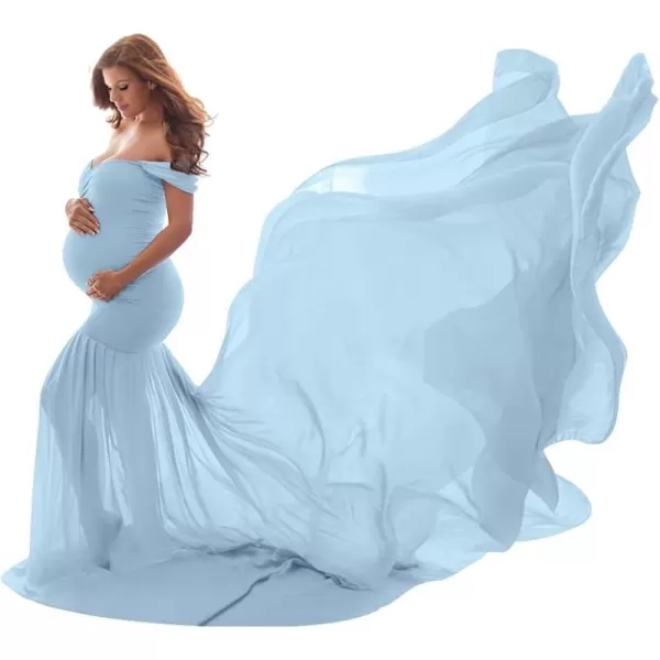 Womens Off Shoulder Maternity Dress Mermaid Chiffon Gown Maxi Photography Dress for Photoshoot Baby Shower WeddingLight Blue