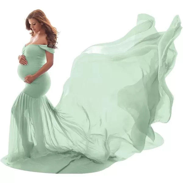 Womens Off Shoulder Maternity Dress Mermaid Chiffon Gown Maxi Photography Dress for Photoshoot Baby Shower WeddingLight Green