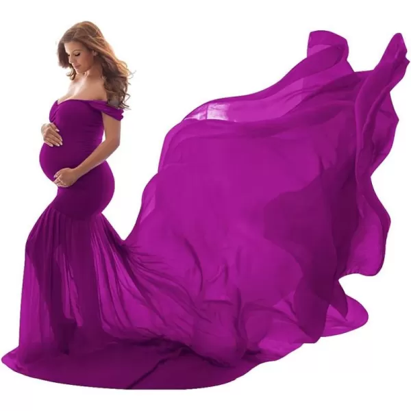 Womens Off Shoulder Maternity Dress Mermaid Chiffon Gown Maxi Photography Dress for Photoshoot Baby Shower WeddingPurple