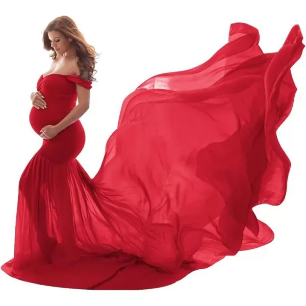 Womens Off Shoulder Maternity Dress Mermaid Chiffon Gown Maxi Photography Dress for Photoshoot Baby Shower WeddingRed