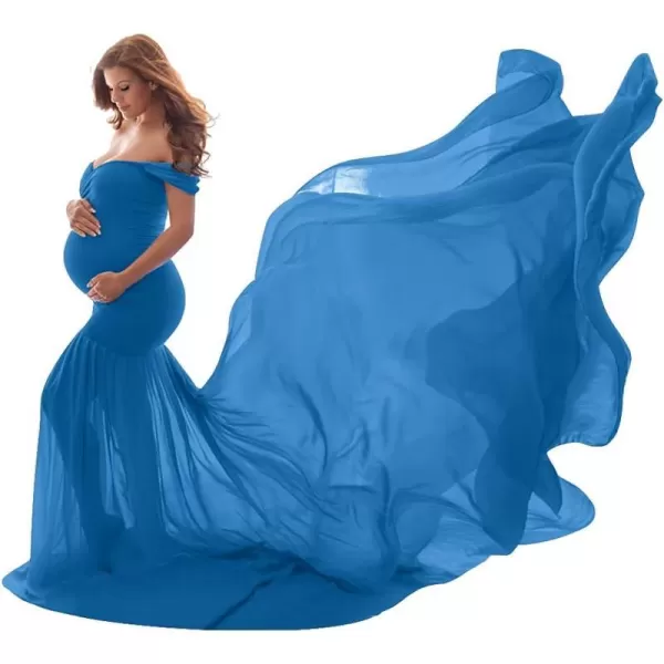 Womens Off Shoulder Maternity Dress Mermaid Chiffon Gown Maxi Photography Dress for Photoshoot Baby Shower WeddingSky Blue