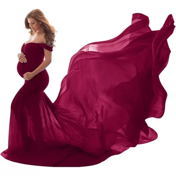 Womens Off Shoulder Maternity Dress Mermaid Chiffon Gown Maxi Photography Dress for Photoshoot Baby Shower WeddingWine Red