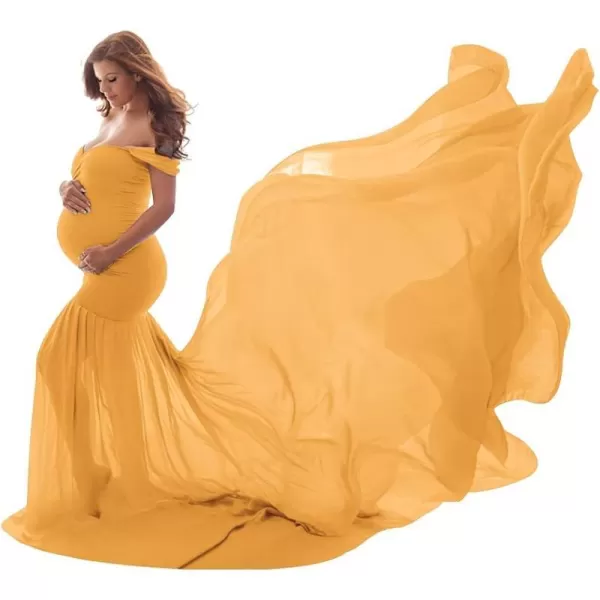 Womens Off Shoulder Maternity Dress Mermaid Chiffon Gown Maxi Photography Dress for Photoshoot Baby Shower WeddingYellow