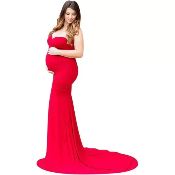 Womens Off Shoulder Strapless Maternity Dress Tube Maxi Photography Dresses Elegant Fitted Mermaid Gown for PhotoshootRed