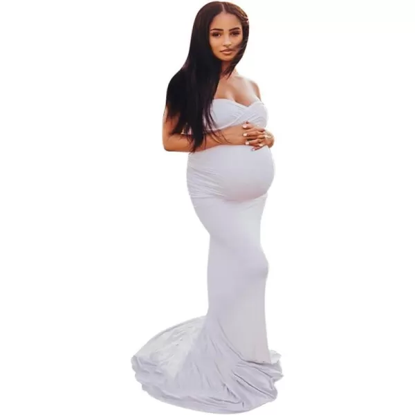 Womens Off Shoulder Strapless Maternity Dress Tube Maxi Photography Dresses Elegant Fitted Mermaid Gown for PhotoshootWhite