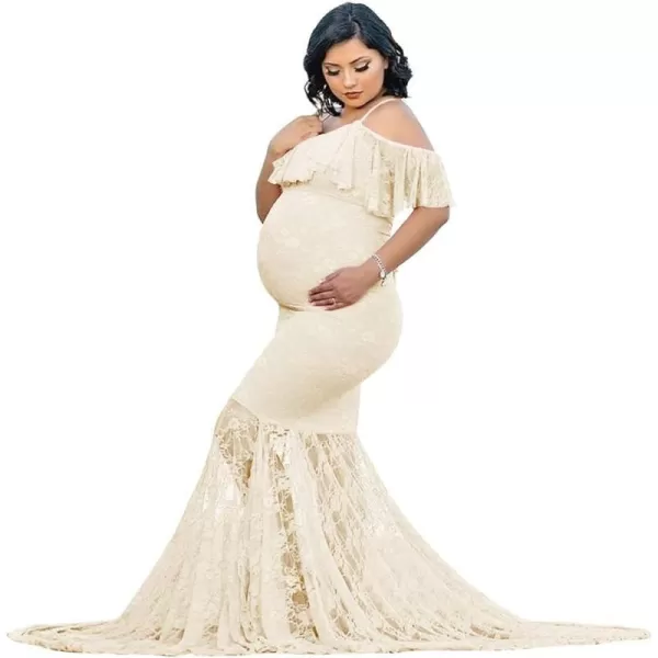 Womens Ruffle Lace Off Shoulder Maternity Dress for Photography Baby Shower Flounce Floral Mermaid Gown for Photo ShootApricot