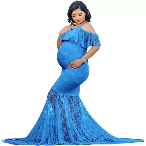 Womens Ruffle Lace Off Shoulder Maternity Dress for Photography Baby Shower Flounce Floral Mermaid Gown for Photo ShootBlue