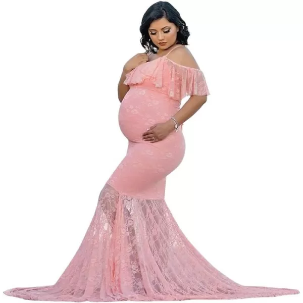 Womens Ruffle Lace Off Shoulder Maternity Dress for Photography Baby Shower Flounce Floral Mermaid Gown for Photo ShootPink