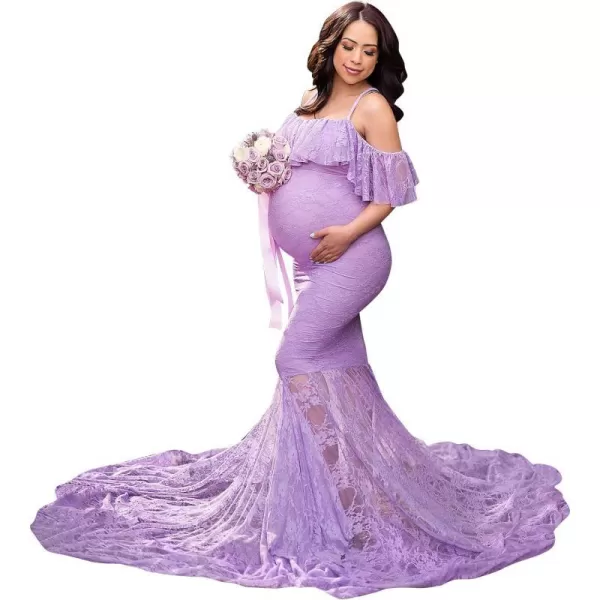 Womens Ruffle Lace Off Shoulder Maternity Dress for Photography Baby Shower Flounce Floral Mermaid Gown for Photo ShootPurple