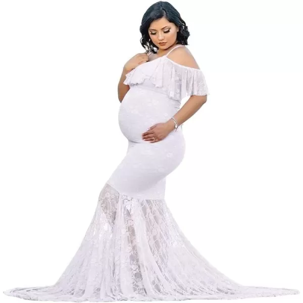 Womens Ruffle Lace Off Shoulder Maternity Dress for Photography Baby Shower Flounce Floral Mermaid Gown for Photo ShootWhite