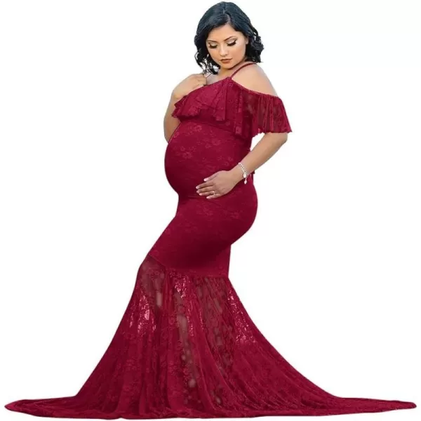 Womens Ruffle Lace Off Shoulder Maternity Dress for Photography Baby Shower Flounce Floral Mermaid Gown for Photo ShootWine Red