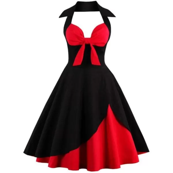 Womens Vintage 1950s Retro Rockabilly Cocktail Evening Party Swing Dress Halter Floral Bowknot Audrey Hupburn DressesBlack