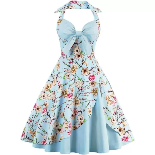 Womens Vintage 1950s Retro Rockabilly Cocktail Evening Party Swing Dress Halter Floral Bowknot Audrey Hupburn DressesBlue