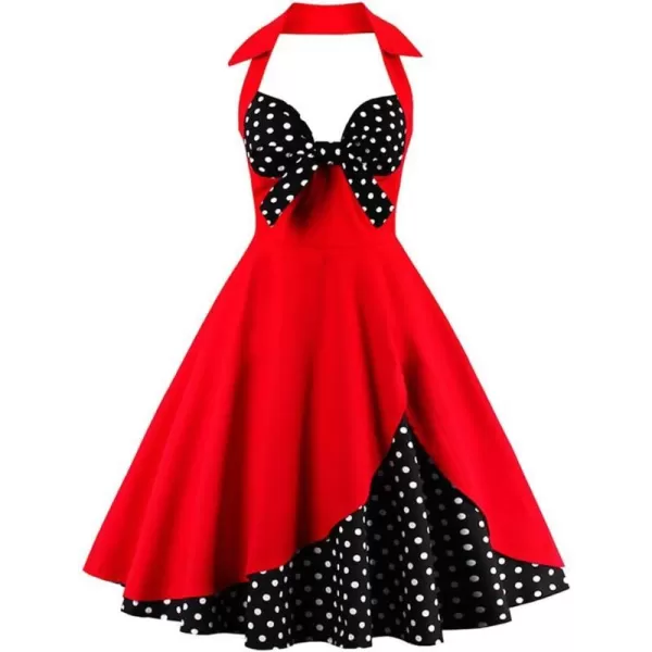 Womens Vintage 1950s Retro Rockabilly Cocktail Evening Party Swing Dress Halter Floral Bowknot Audrey Hupburn DressesRed