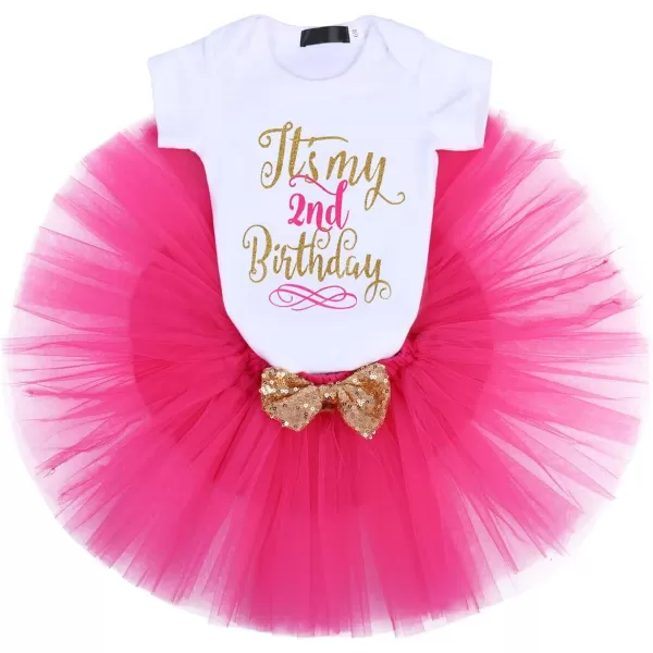 imageIDOPIP Baby Girls Birthday Outfit RomperRuffle Tulle SkirtSequin Bow Headband Valentines Cake Smash Dress Clothes 3Pcs SetHot Pink 2nd Birthday