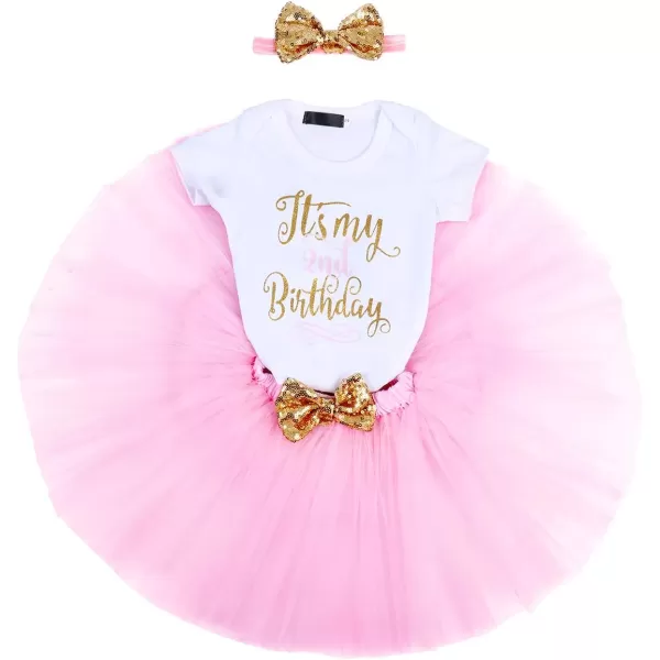 imageIDOPIP Baby Girls Birthday Outfit RomperRuffle Tulle SkirtSequin Bow Headband Valentines Cake Smash Dress Clothes 3Pcs SetPink 2nd Birthday