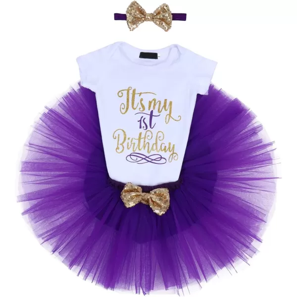 imageIDOPIP Baby Girls Birthday Outfit RomperRuffle Tulle SkirtSequin Bow Headband Valentines Cake Smash Dress Clothes 3Pcs SetPurple 1st Birthday