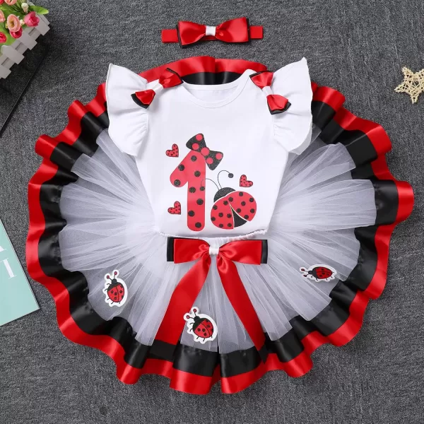 imageIDOPIP Ladybug Cow Bee 1st Birthday Outfit for Baby Girls Flutter Sleeves Romper Tutu Skirt Headband Bowknot Dress up CostumeRed Ladybug  Bow