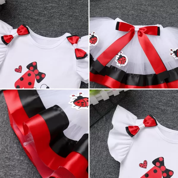 imageIDOPIP Ladybug Cow Bee 1st Birthday Outfit for Baby Girls Flutter Sleeves Romper Tutu Skirt Headband Bowknot Dress up CostumeRed Ladybug  Bow