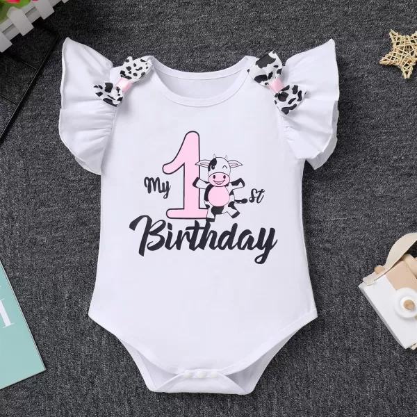 imageIDOPIP Ladybug Cow Bee 1st Birthday Outfit for Baby Girls Flutter Sleeves Romper Tutu Skirt Headband Bowknot Dress up CostumeWhite Cow  1st Birthday
