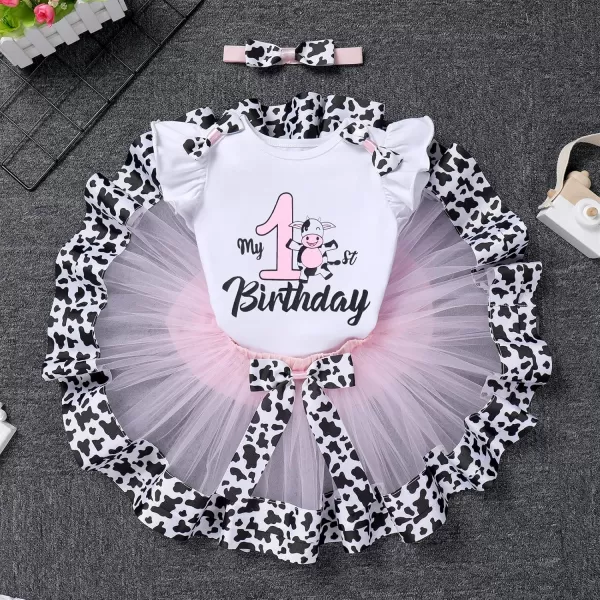 imageIDOPIP Ladybug Cow Bee 1st Birthday Outfit for Baby Girls Flutter Sleeves Romper Tutu Skirt Headband Bowknot Dress up CostumeWhite Cow  1st Birthday