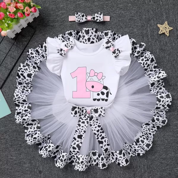 imageIDOPIP Ladybug Cow Bee 1st Birthday Outfit for Baby Girls Flutter Sleeves Romper Tutu Skirt Headband Bowknot Dress up CostumeWhite Cow  Bow