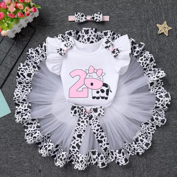 imageIDOPIP Ladybug Cow Bee 1st Birthday Outfit for Baby Girls Flutter Sleeves Romper Tutu Skirt Headband Bowknot Dress up CostumeWhite Cow  No2