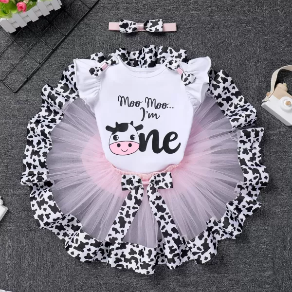 imageIDOPIP Ladybug Cow Bee 1st Birthday Outfit for Baby Girls Flutter Sleeves Romper Tutu Skirt Headband Bowknot Dress up CostumeWhite Cow  One