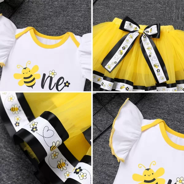 imageIDOPIP Ladybug Cow Bee 1st Birthday Outfit for Baby Girls Flutter Sleeves Romper Tutu Skirt Headband Bowknot Dress up CostumeYellow Bee One  Bow