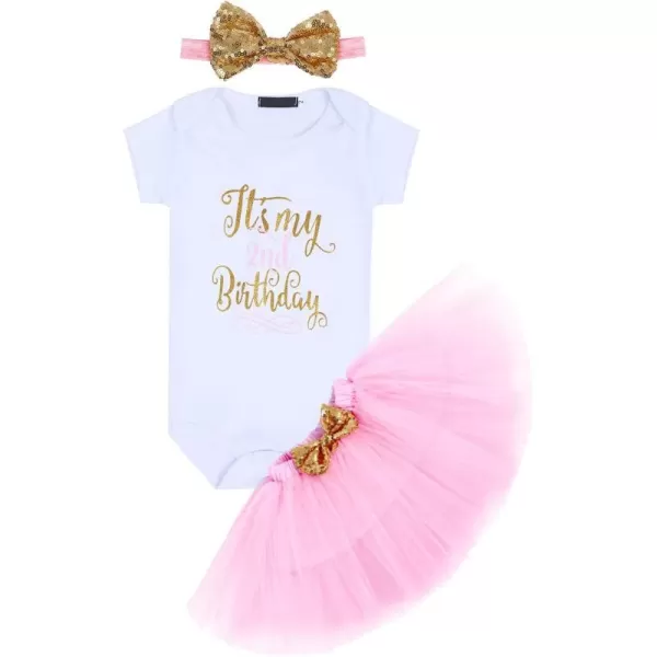 imageIDOPIP Baby Girls Birthday Outfit RomperRuffle Tulle SkirtSequin Bow Headband Valentines Cake Smash Dress Clothes 3Pcs SetPink 2nd Birthday