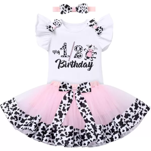 imageIDOPIP Ladybug Cow Bee 1st Birthday Outfit for Baby Girls Flutter Sleeves Romper Tutu Skirt Headband Bowknot Dress up CostumePink Cow  12 Birthday